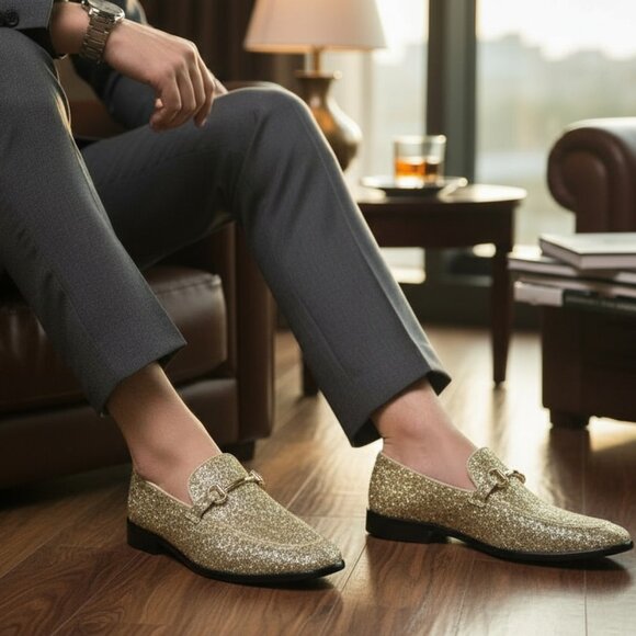Gold Glitter Men\'s Vintage Designer Classic Smoking Dress Tuxedo Loafers Shoes main image 7